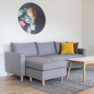 Wohnzimmer Couch in Hellgrau und Buchefarben drei Sitzplätze