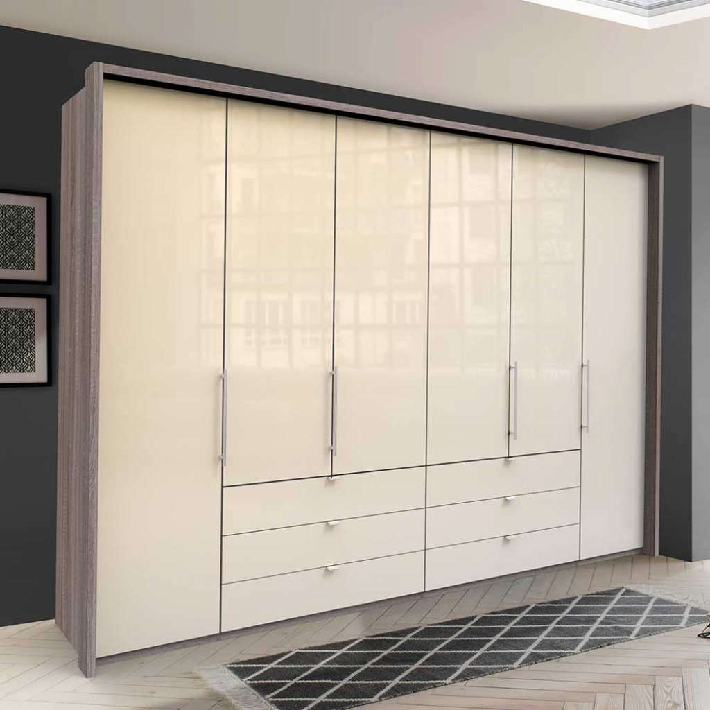 Schlafzimmerkleiderschrank in Cremeweiß und Eiche Trüffelfarben glasbeschichtet