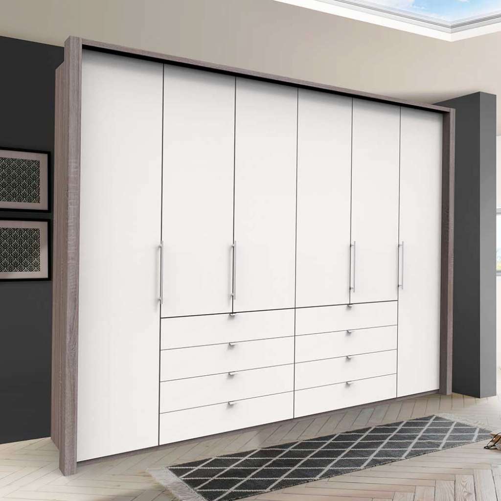 XL Kleiderschrank in Weiß und Eiche Trüffelfarben Falttüren