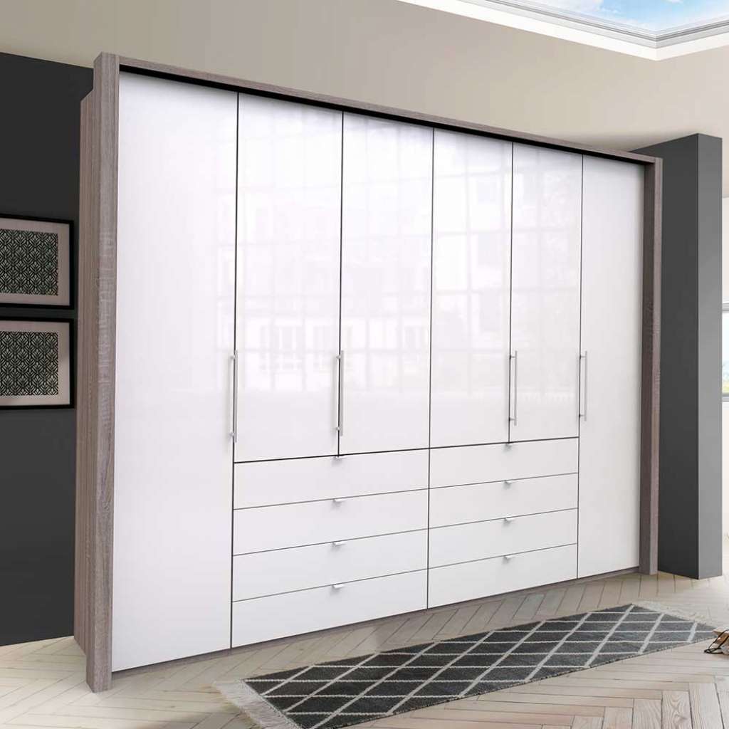 Schlafzimmerkleiderschrank in Weiß und Eiche Trüffelfarben acht Schubladen