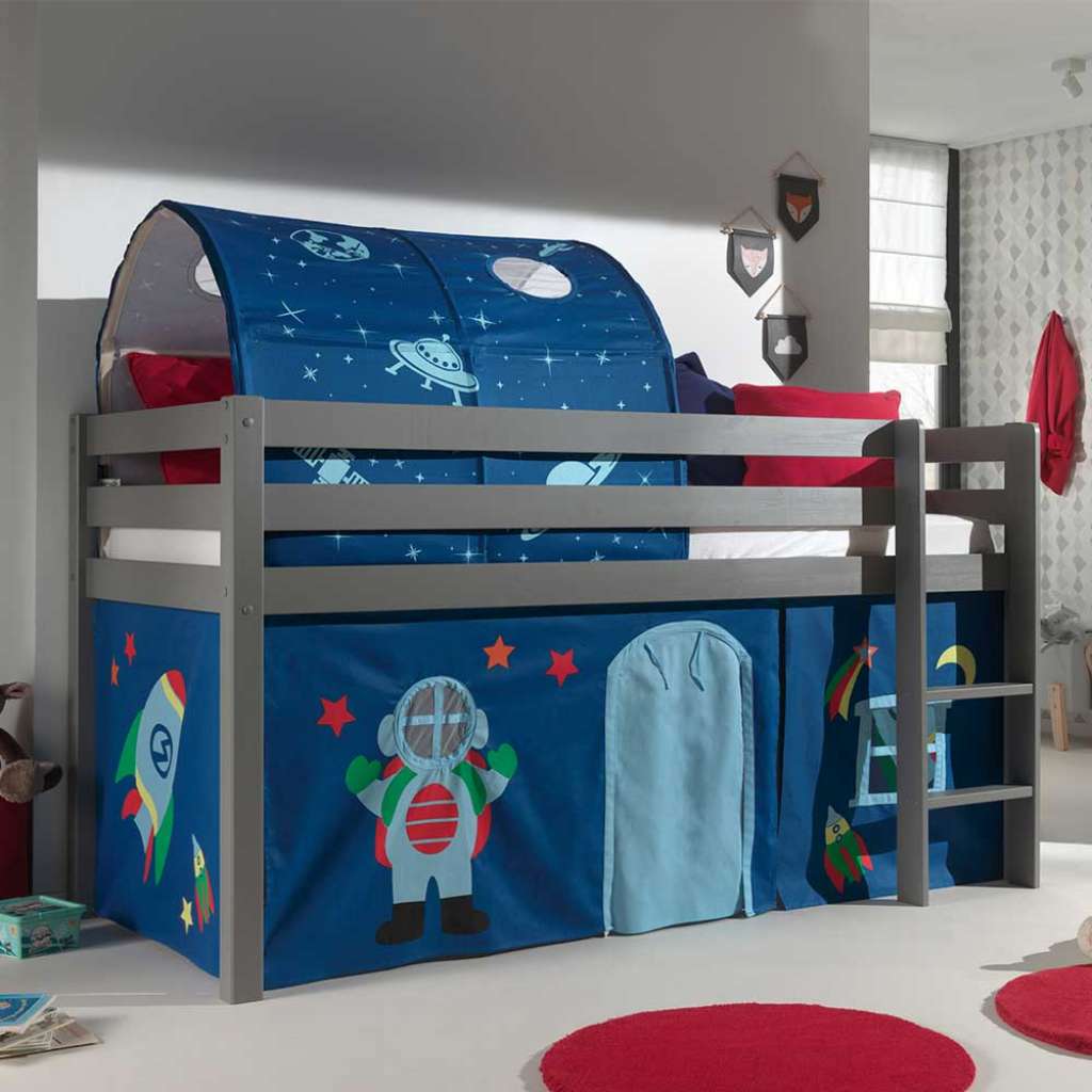 Jungs Spielhochbett in Grau und Blau Weltraum Motiv