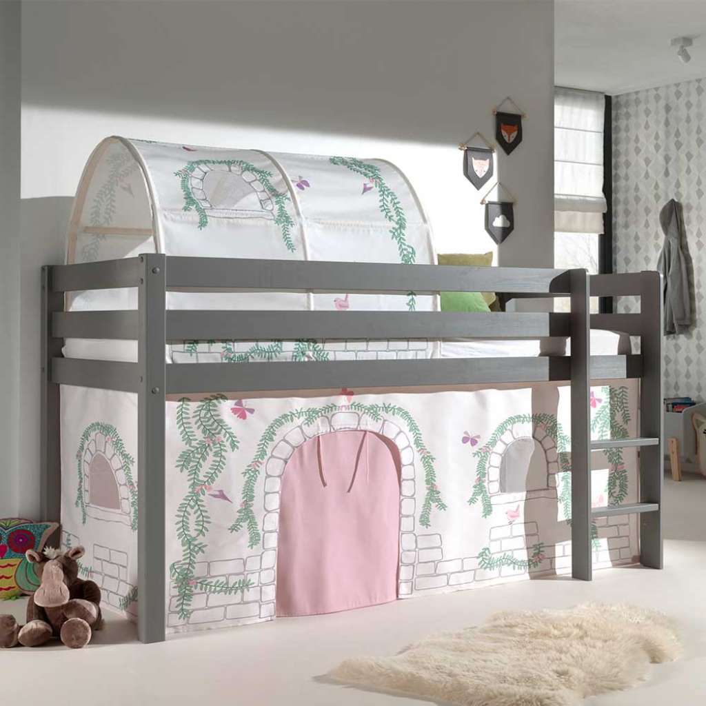 Kinderzimmer Bett in Grau und Rosa Vorhang und Tunnel