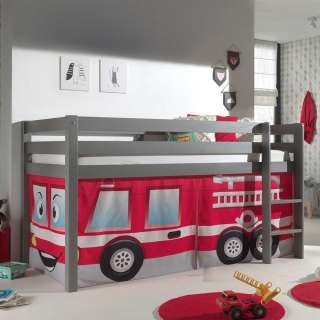 Jungs Kinderhochbett in Grau und Rot Feuerwehr Motiv