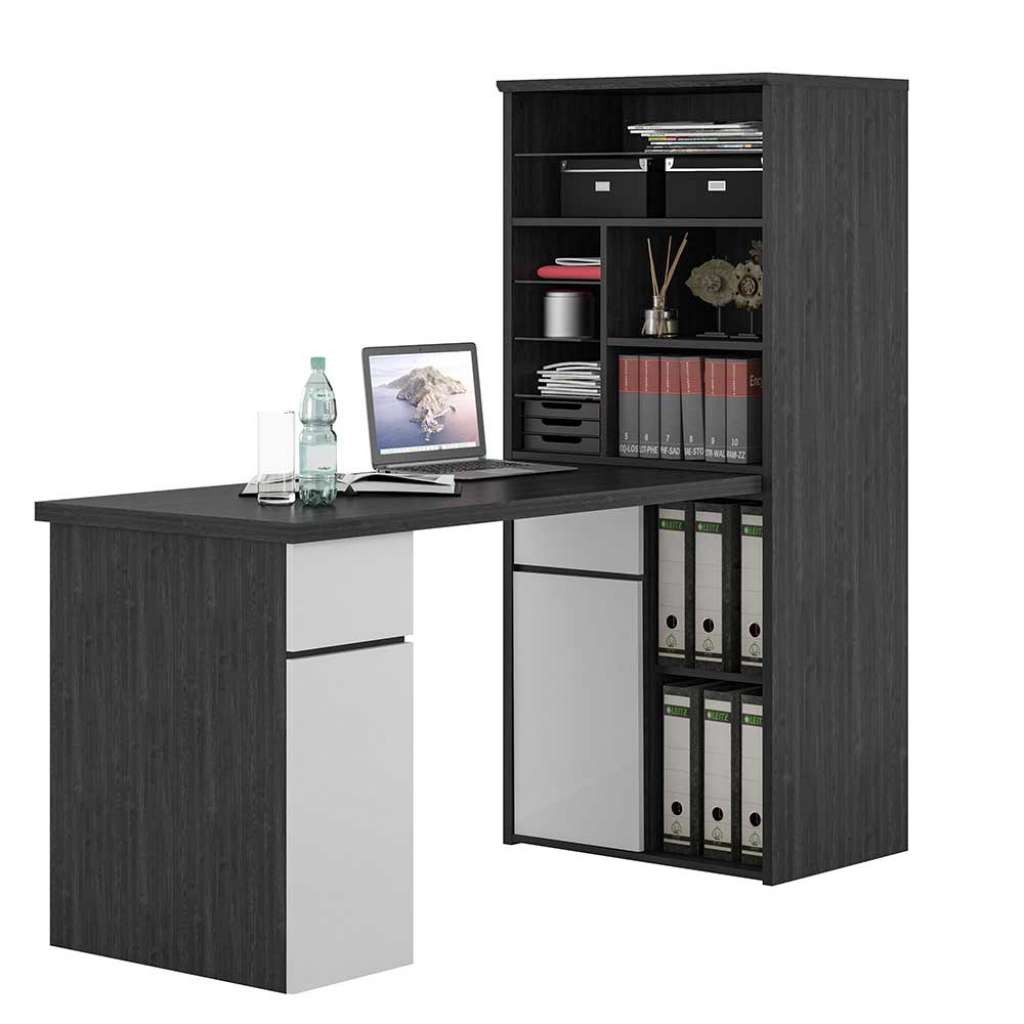 Schreibtisch in Weiß und Eiche Grau Tischplattenverlängerung