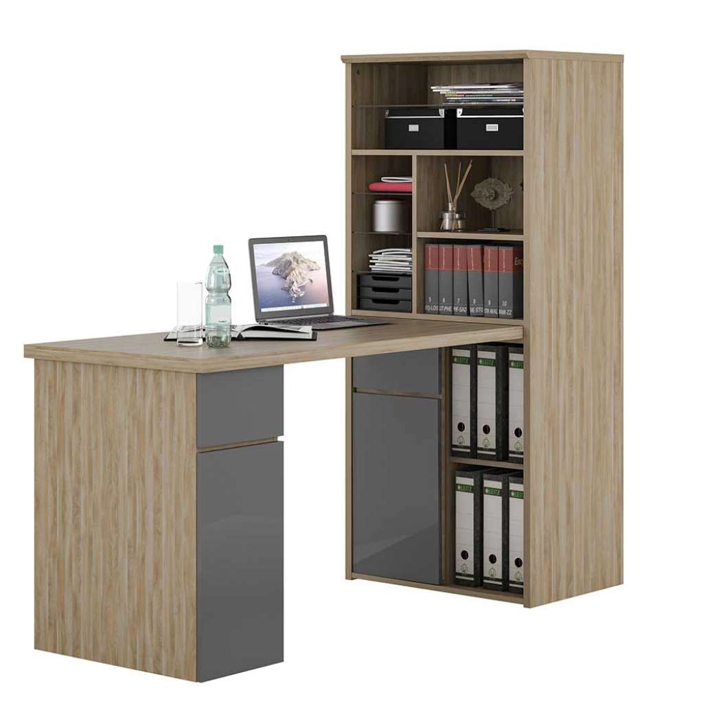 Schreibtisch mit Regalwand in Grau Eichefarben