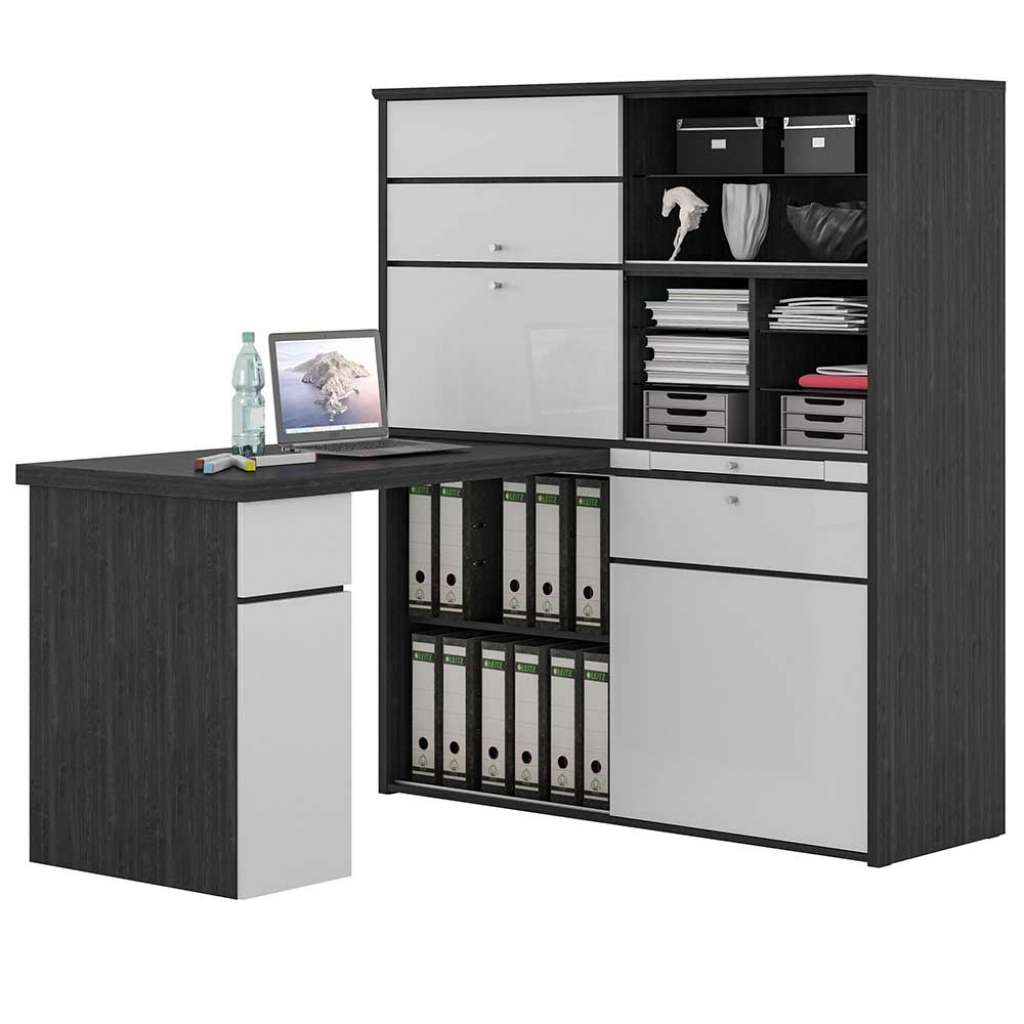 Mini Office in Weiß und Eiche Grau Tischplattenverlängerung