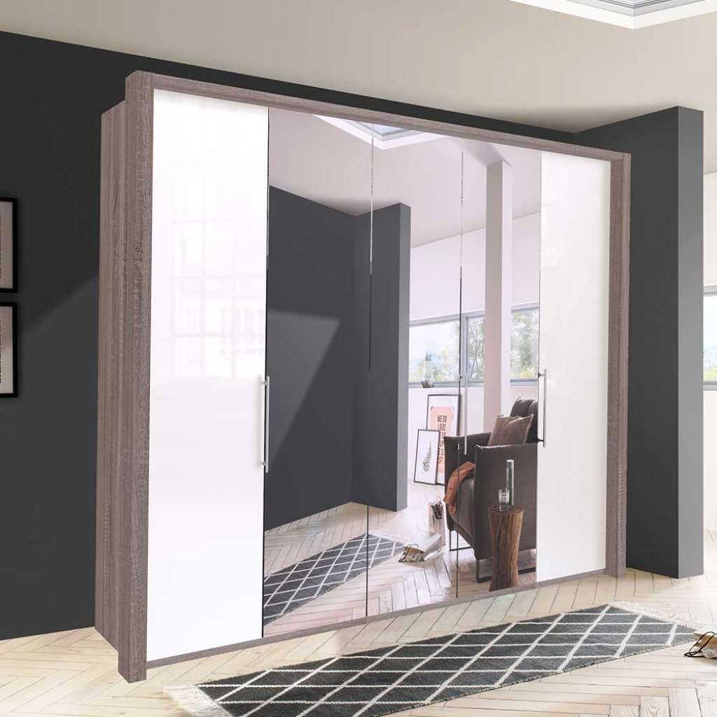 Schlafzimmerschrank in Weiß und Eiche Trüffelfarben Spiegel