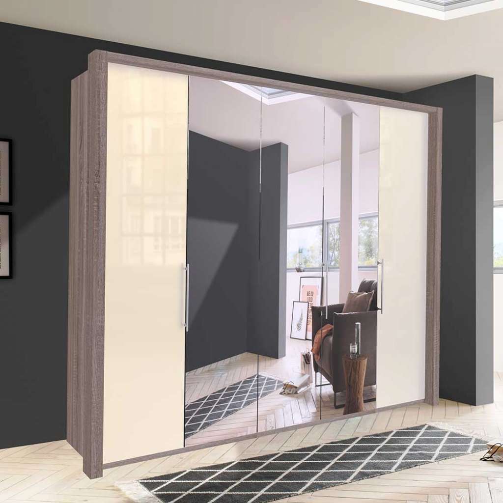 Kleiderschrank in Cremeweiß und Trüffelfarben Spiegelfront
