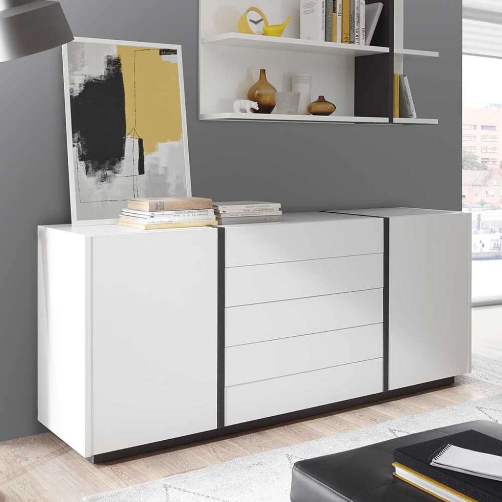 Esszimmer Sideboard in Weiß und Schwarz fünf Schubladen