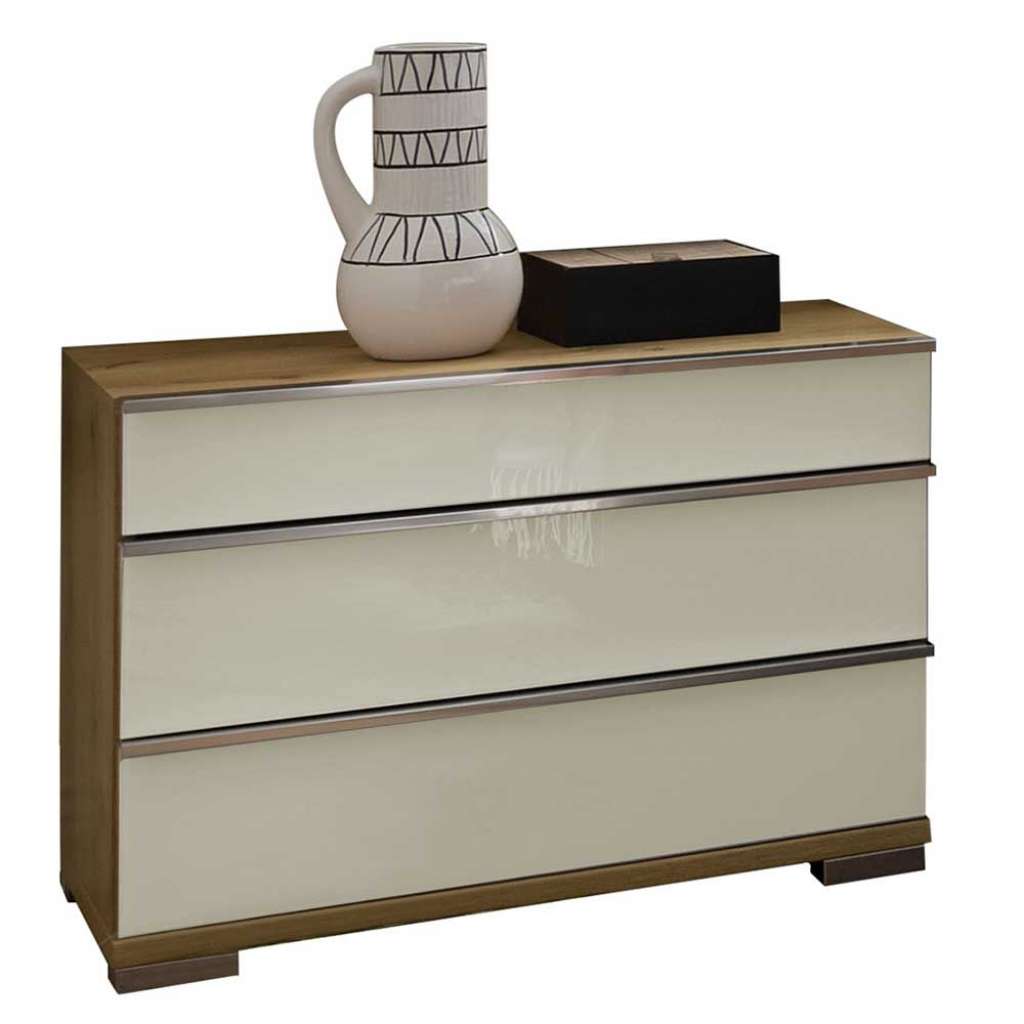 Nachtkommode in Eiche Bianco und Beige glasbeschichtet drei Schubladen