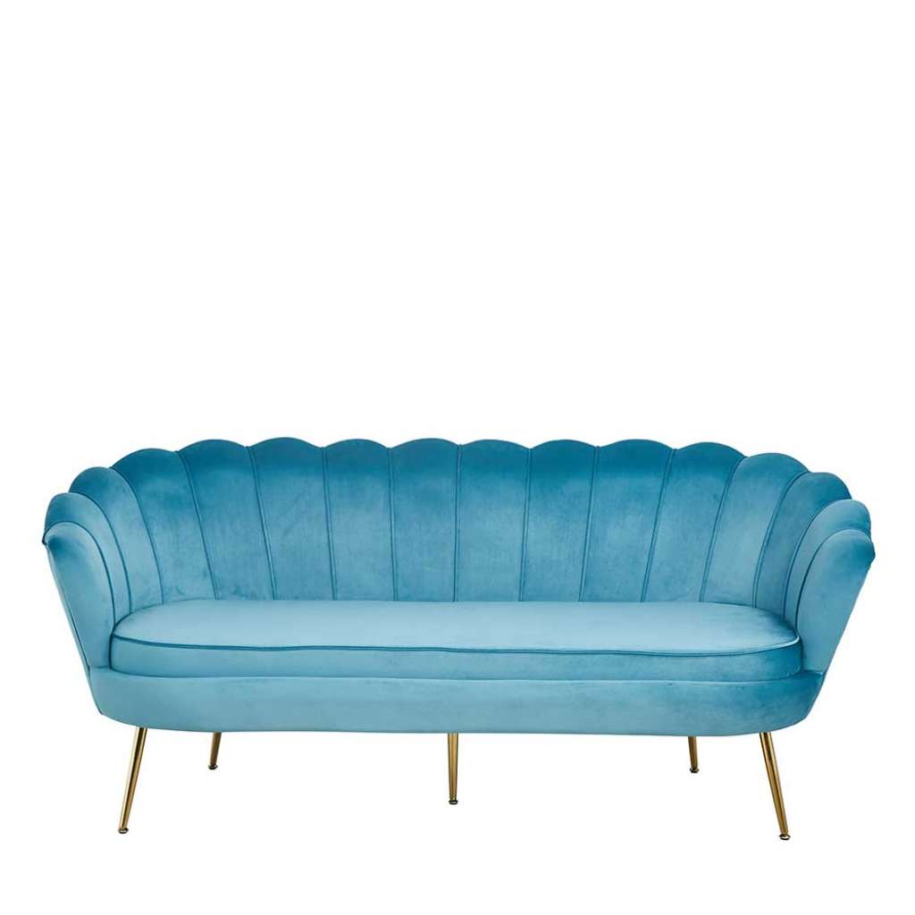 Dreisitzer Muschel Couch in Blau und Goldfarben Samt
