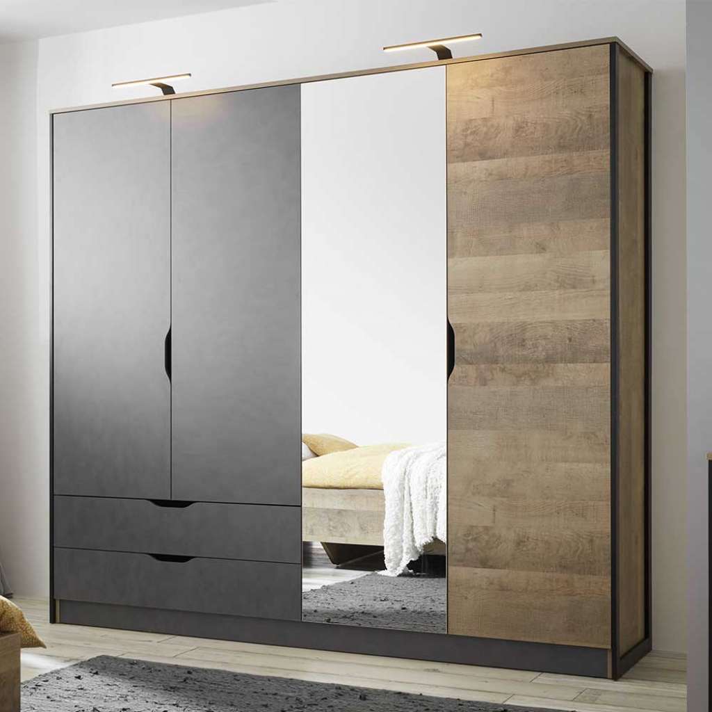 Schlafzimmerschrank in Eiche Sägerau und Grau melaminbeschichtet