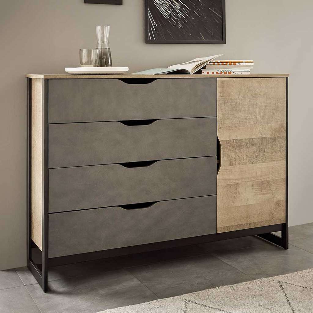Esszimmersideboard in Grau und Eiche Sägerau Bügelgestell