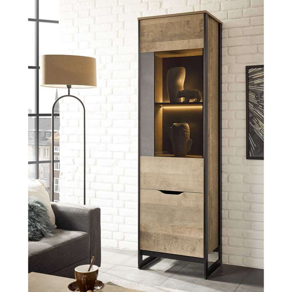 Esszimmer Vitrinenschrank in Eiche Sägerau Grau