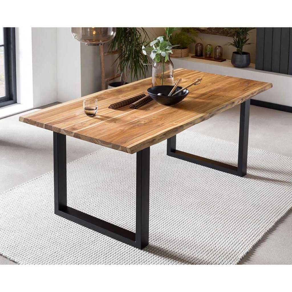 Esszimmer Tisch aus Teak Massivholz und Metall Bügelgestell
