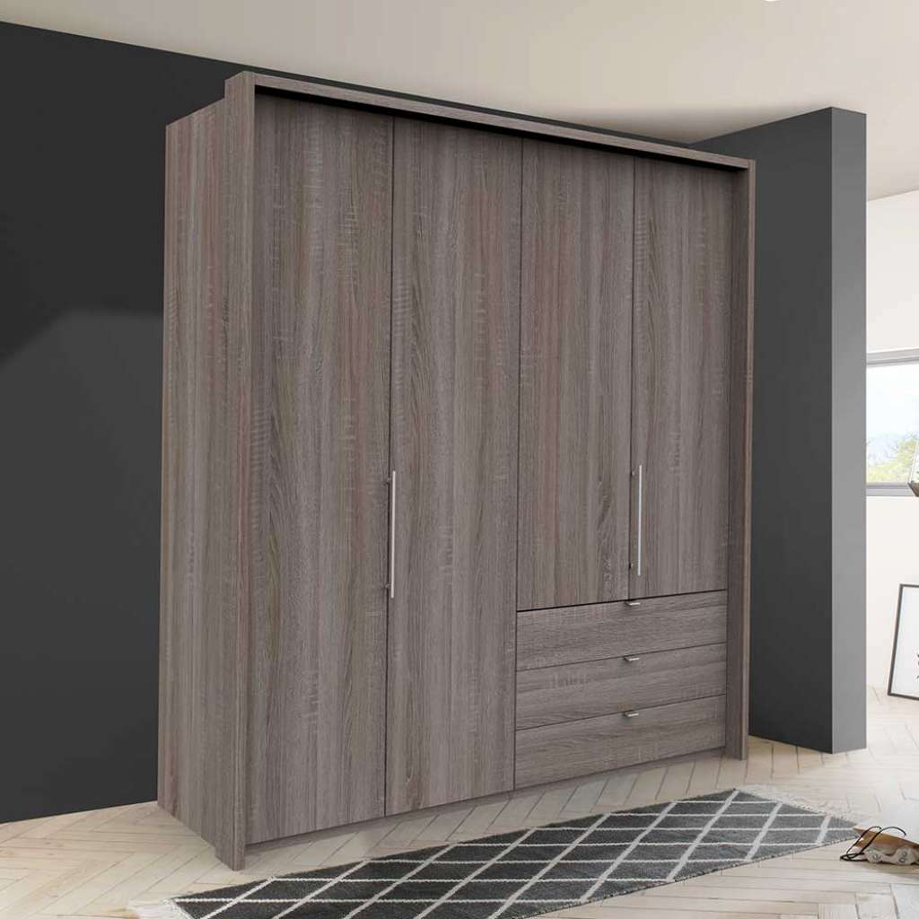 Moderner Kleiderschrank in Eiche Trüffelfarben 2 türig drei Schubladen