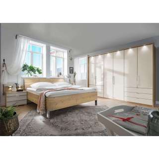 XL Schlafzimmer Set in Beige und Eiche Bianco glasbeschichtet (vierteilig)