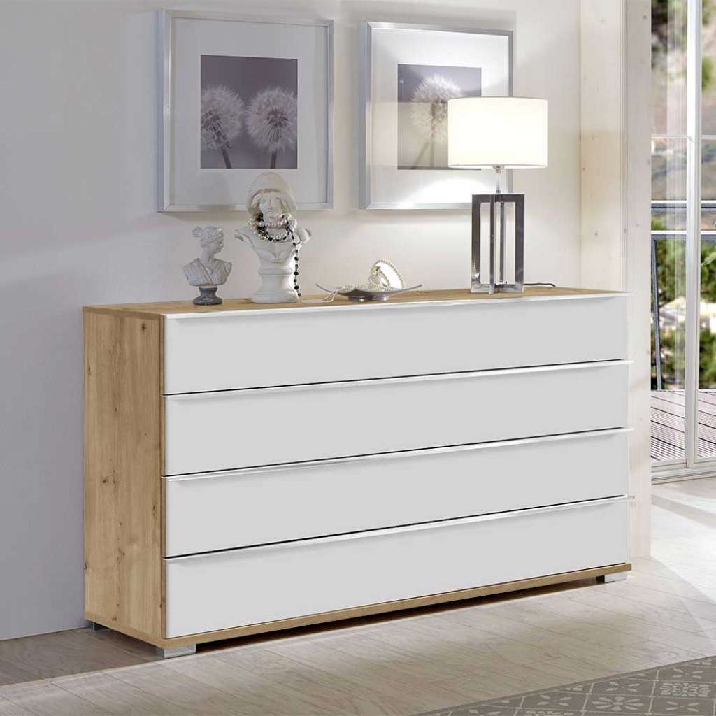 Schubladenkommode in Weiß und Eiche Bianco glasbeschichtet