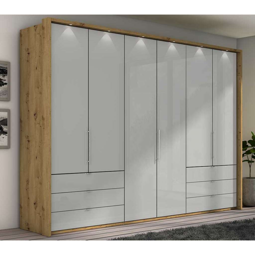 Panorama Kleiderschrank in Hellgrau und Eiche Bianco Falttüren