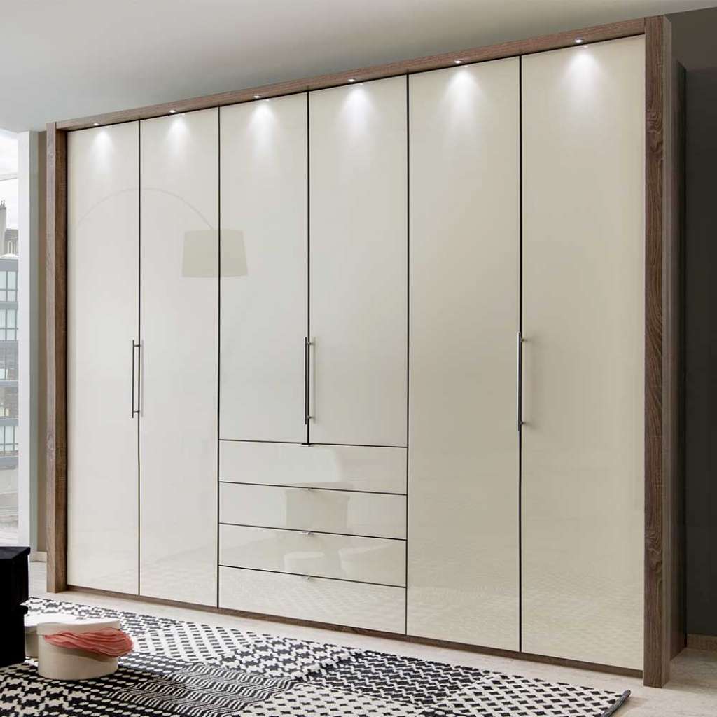 Schlafzimmerkleiderschrank in Beige und Eiche Trüffelfarben glasbeschichtet