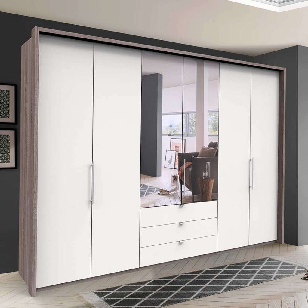 Schlafzimmerkleiderschrank in Weiß und Eiche Trüffelfarben Falttüren und Spiegel