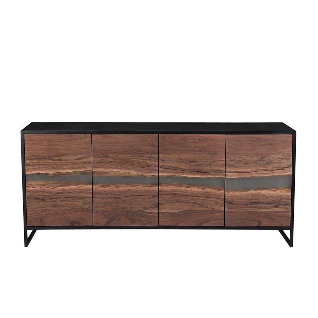 Esszimmersideboard in Akaziefarben und Schwarz Bügelgestell aus Metall