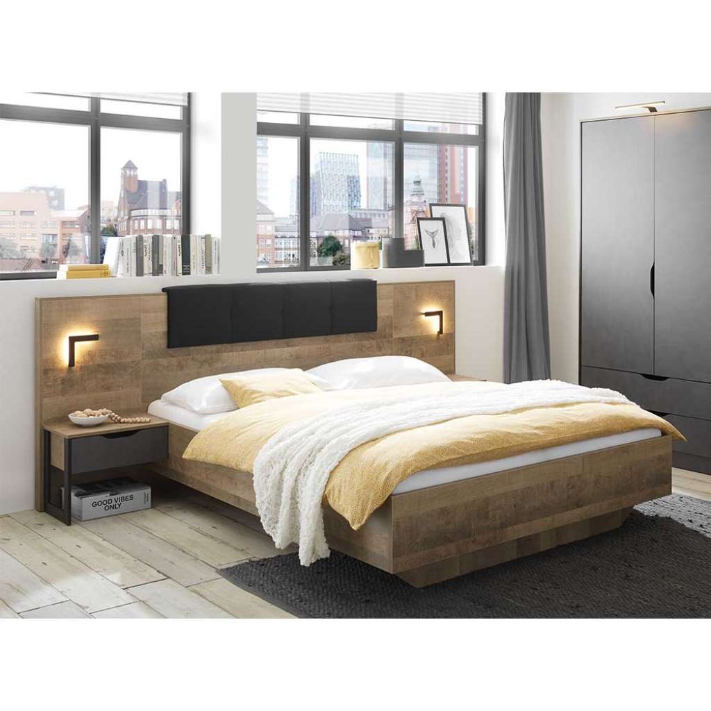 Doppelbett mit Beleuchtung in Eiche Sägerau und Grau melaminbeschichtet (dreiteilig)