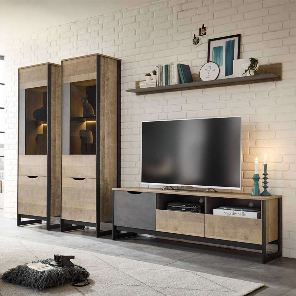 Schrankwand Wohnzimmer in Eiche Sägerau und Grau melaminbeschichtet (vierteilig)