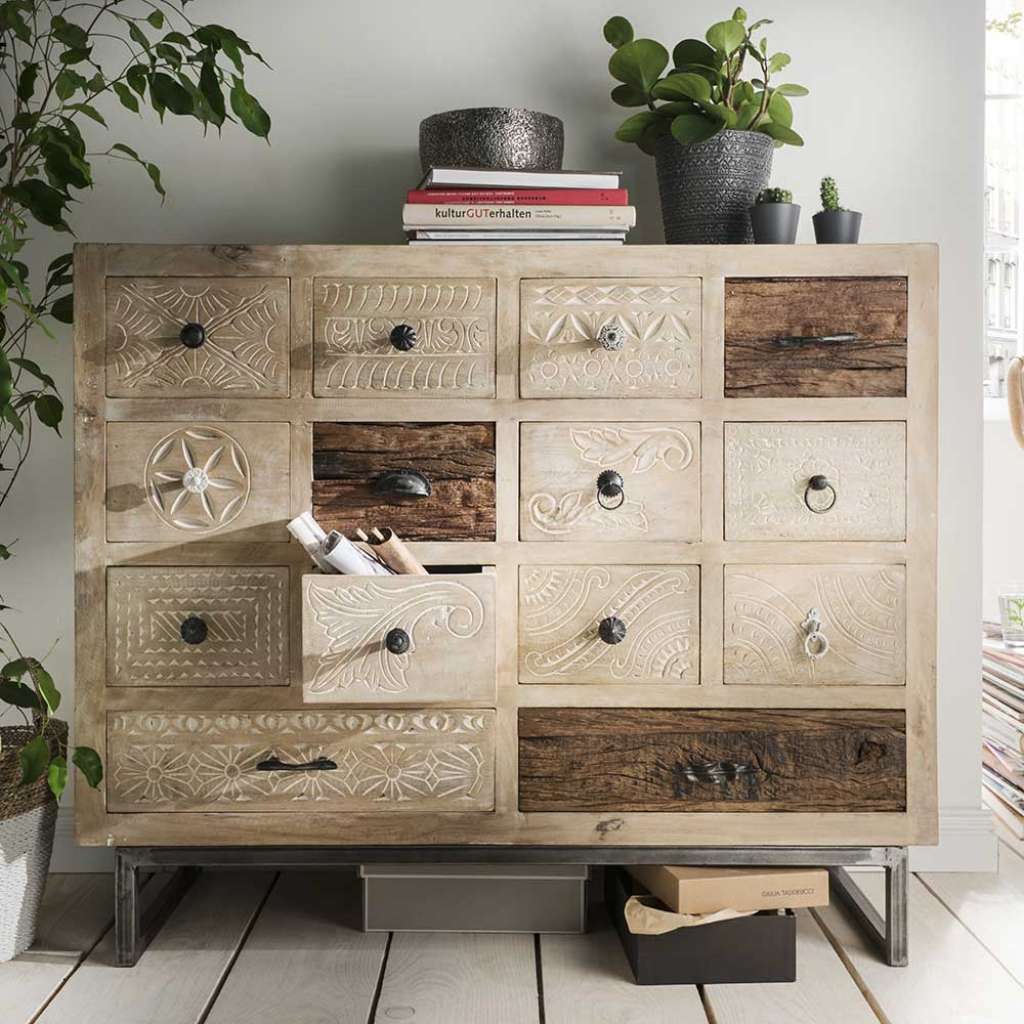 Schubkastenkommode aus Mangobaum Recyclingholz Shabby Chic Stil