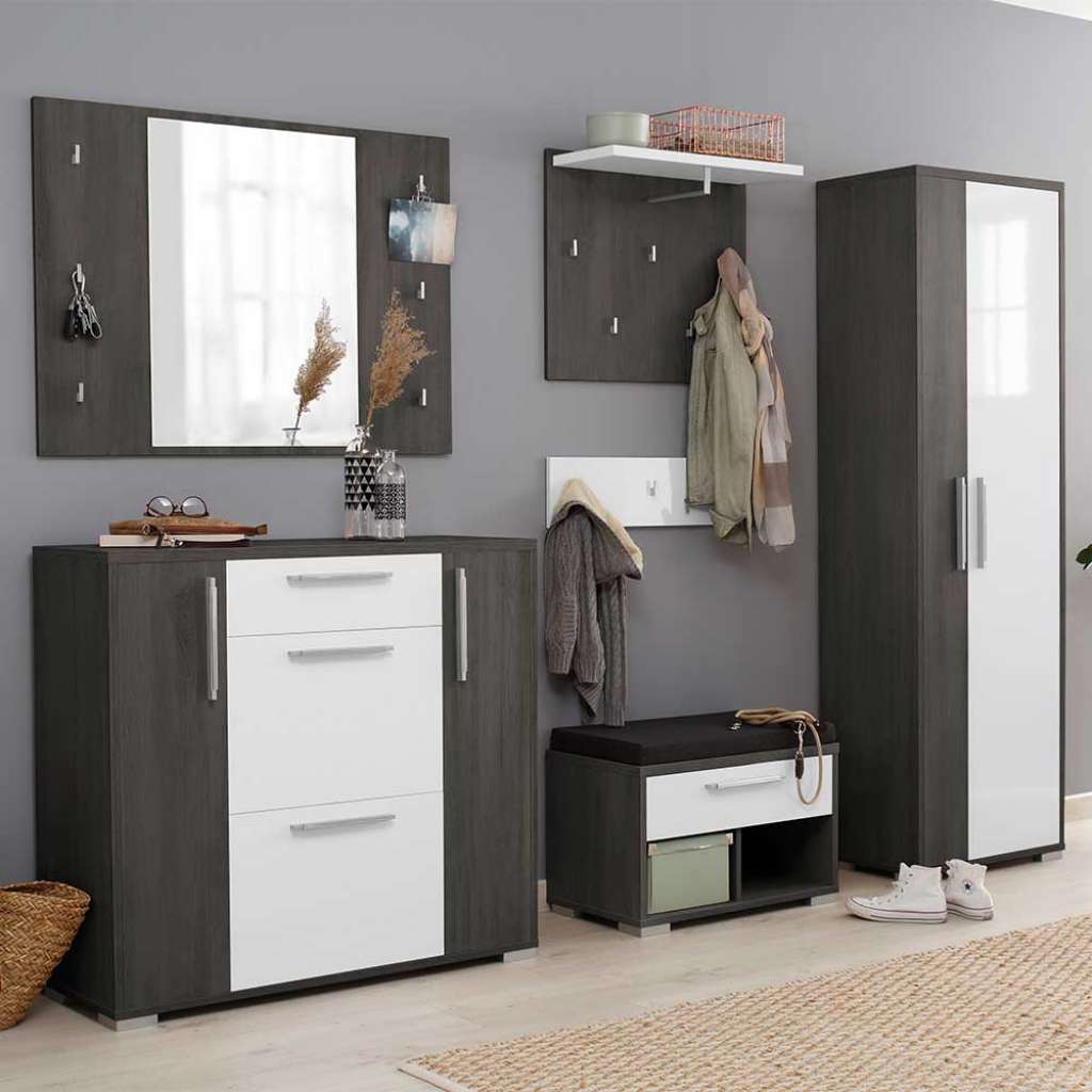 Garderoben Möbel Set in Weiß und Eiche Grau melaminbeschichtet (fünfteilig)
