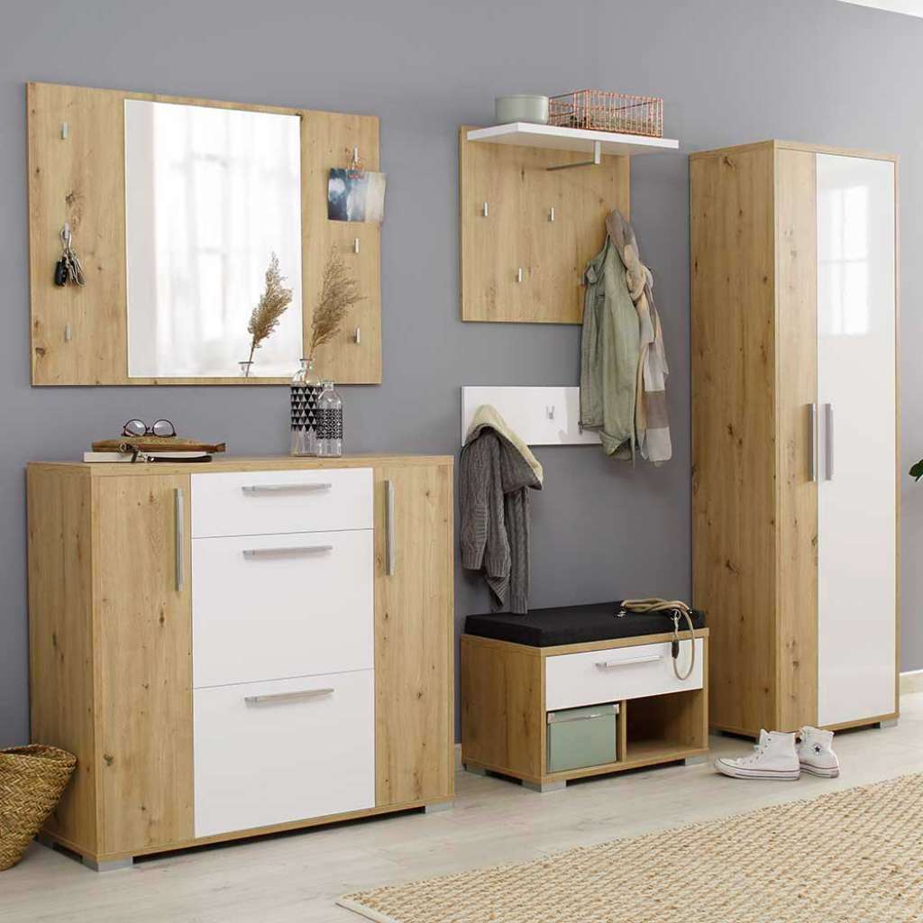 Komplett Garderobe in Weiß und Asteichefarben melaminbeschichtet (fünfteilig)