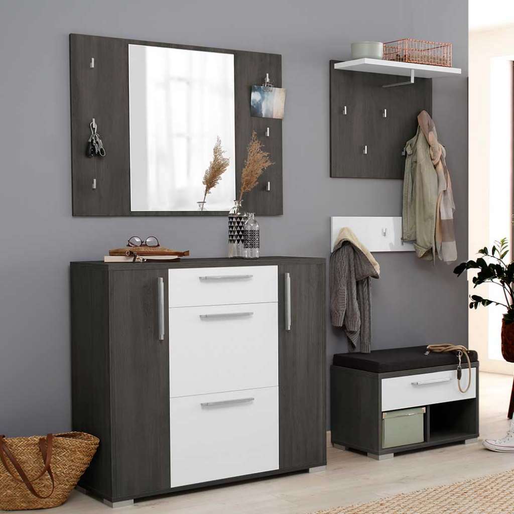 Garderoben Wand in Eiche Grau und Weiß melaminbeschichtet (vierteilig)