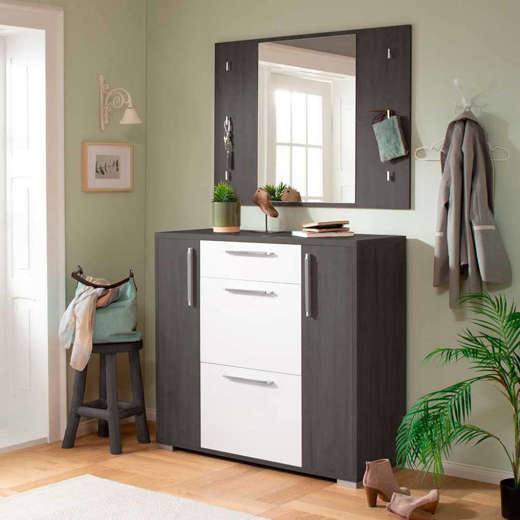 Flurmöbel in Eiche Grau und Weiß Hochglanz melaminbeschichtet (zweiteilig)