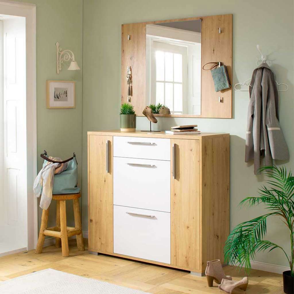 Garderobenmöbel Set in Weiß und Asteiche Optik melaminbeschichtet (zweiteilig)