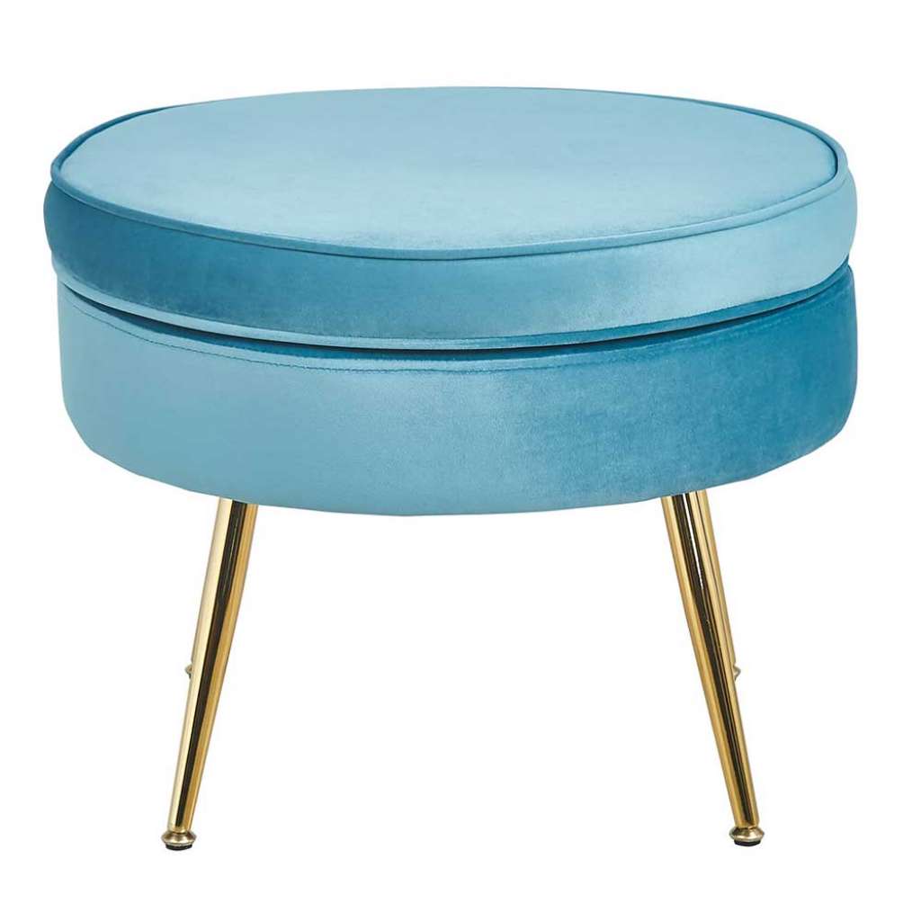 Runder Fusshocker in Blau und Gold Vierfußgestell aus Metall