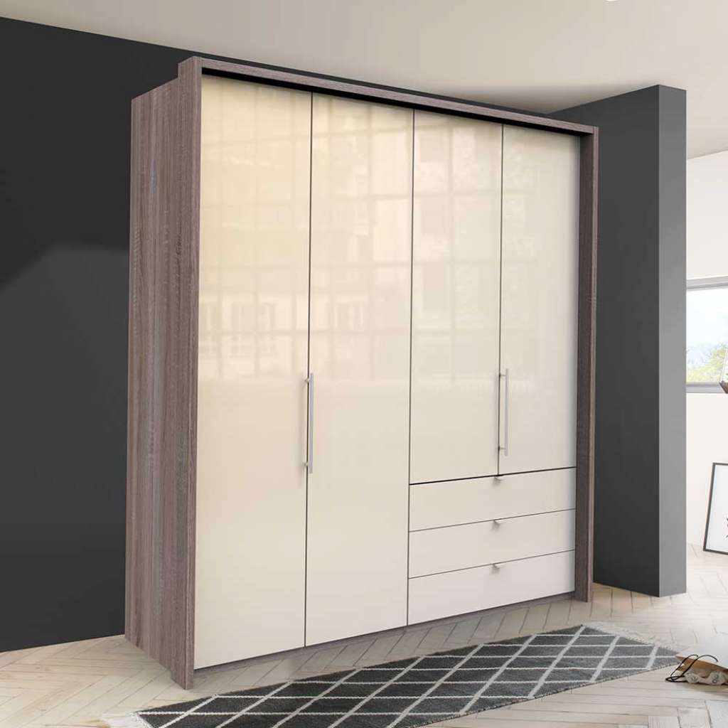 Kombi Kleiderschrank in Creme Eiche Trüffelfarben Front glasbeschichtet