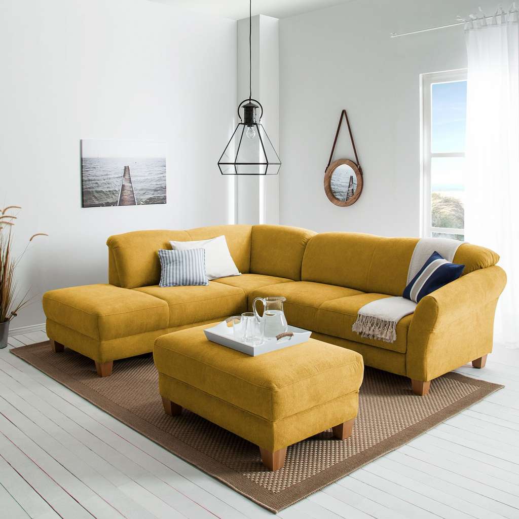 home24 Ars Natura Ecksofa Cebu 2-Sitzer Safrangelb Webstoff 257x84x212 cm mit Bettkasten
