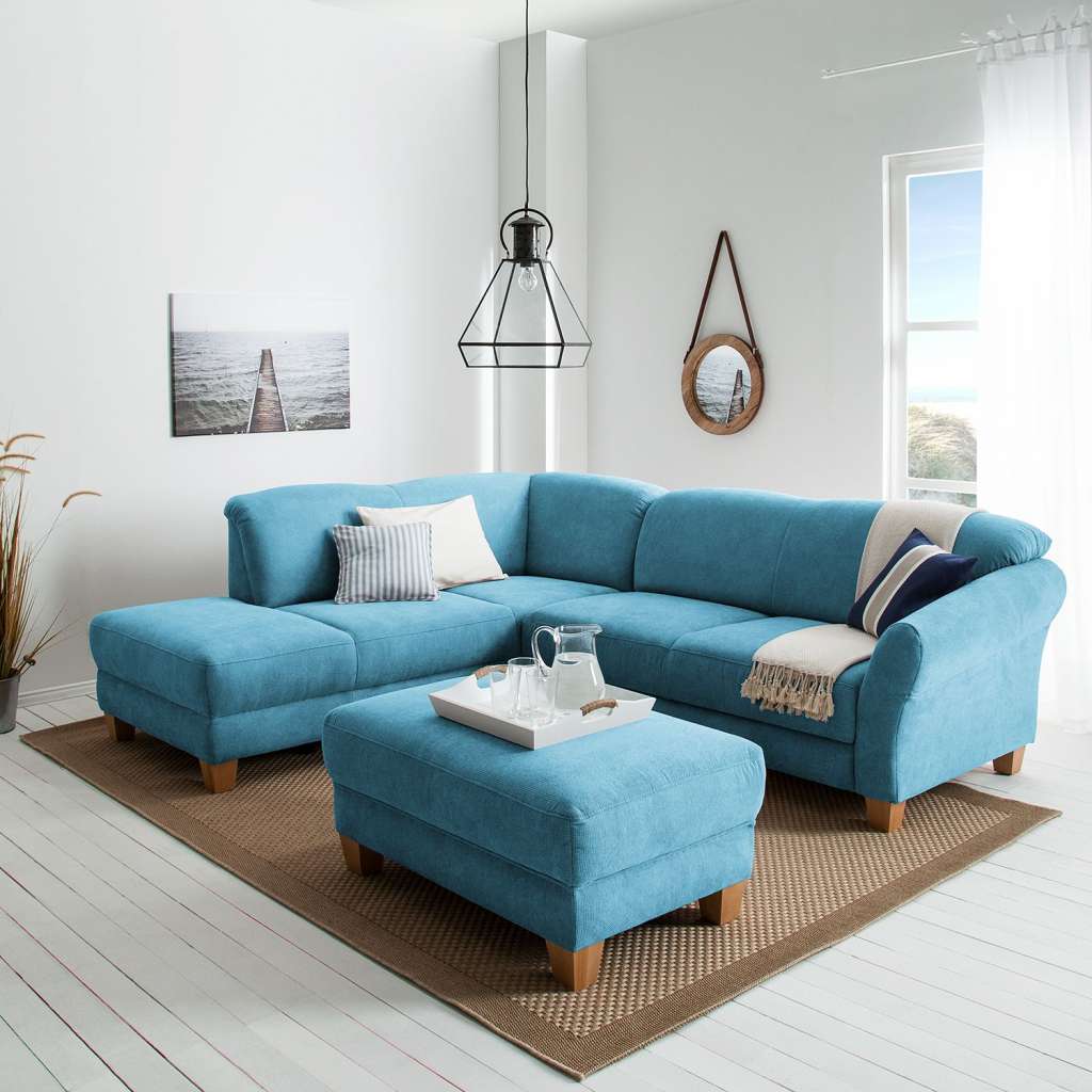 home24 Ars Natura Ecksofa Cebu 2-Sitzer Hellblau Webstoff 257x84x212 cm mit Bettkasten