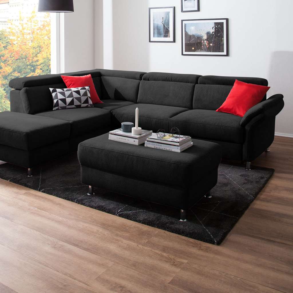 home24 Fredriks Polsterhocker Calang Schwarz Webstoff 102x45x68 cm (BxHxT) Modern