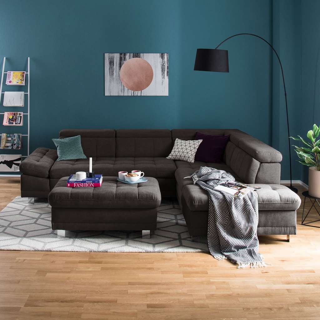 home24 Fredriks Ecksofa Ayna Braungrau Microfaser 275x89x217 cm mit Schlaffunktion und Bettkasten