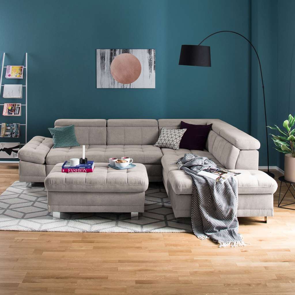 home24 Fredriks Ecksofa Ayna Kaschmir Microfaser 275x89x217 cm mit Schlaffunktion und Bettkasten