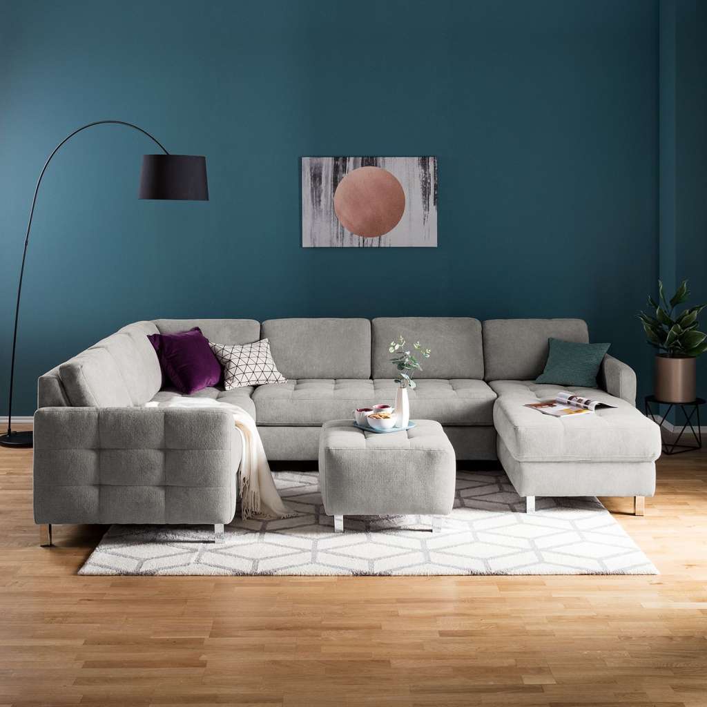 home24 Fredriks Wohnlandschaft Tanete Granit Strukturstoff 292x80x204 cm mit Schlaffunktion und Bettkasten