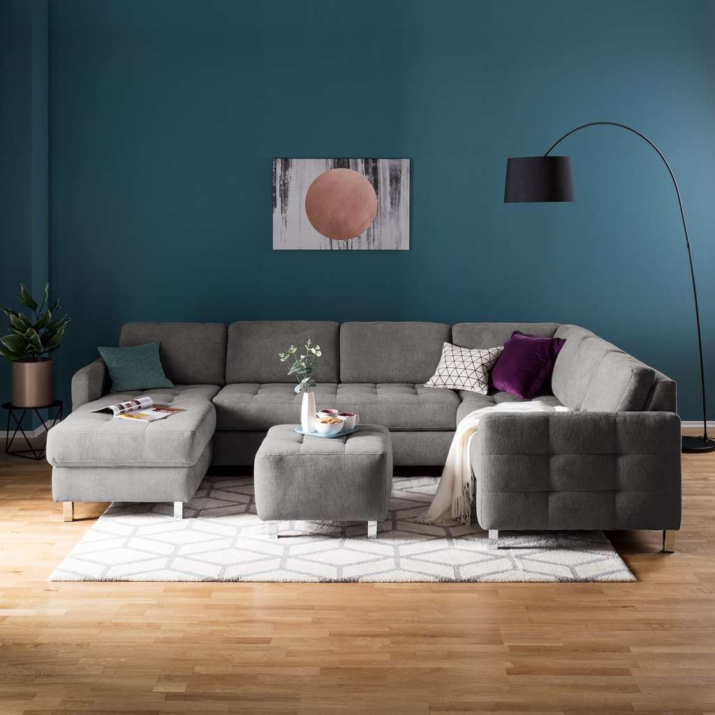 home24 Fredriks Wohnlandschaft Tanete Grau Strukturstoff 292x80x204 cm mit Schlaffunktion und Bettkasten