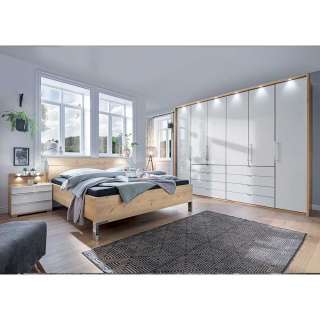 Premium Schlafzimmerset in Eiche Bianco und Weiß glasbeschichtet (vierteilig)
