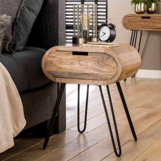 Design Beistelltisch in Mangoholz Sandfarben einer Schublade