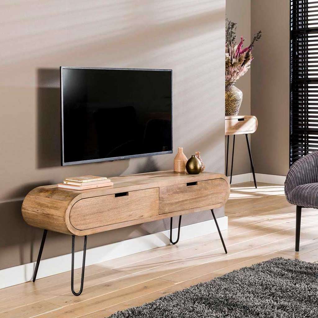 TV Unterschrank in Mangoholz Sandfarben Schwarz