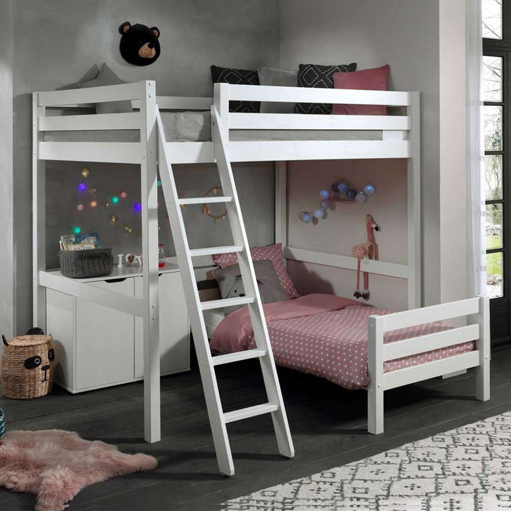 Kinderdoppelhochbett aus Kiefer Massivholz Weiß Schrank