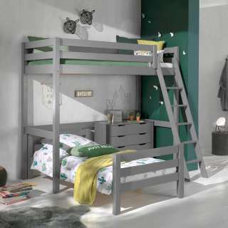 Winkel Hochbett aus Kiefer Massivholz Grau Kommode
