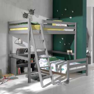 Kinderdoppelhochbett in Grau Kiefer Massivholz Regal