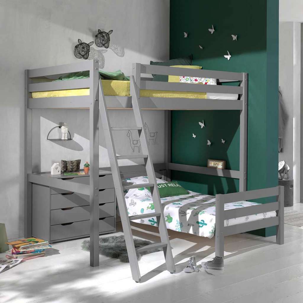 Kinderstockbett aus Kiefer Massivholz Grau Kommode